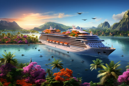 Cruise ship in the middle of a tropical island. 3D renderingの素材
