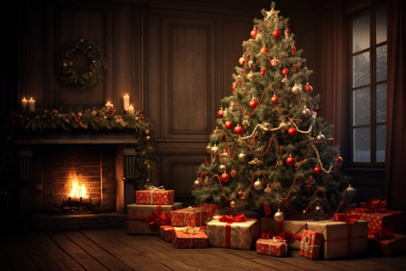 Christmas tree with presents and fireplace in the background. 3d renderingの素材