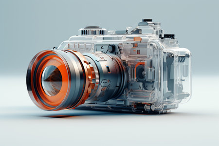 3d rendering of a digital camera on a white background with reflectionの素材