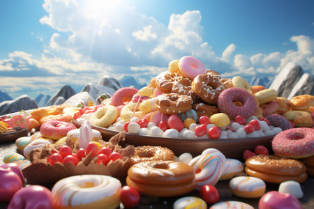 assorted donuts on wooden plate over blue sky and white cloudsの素材
