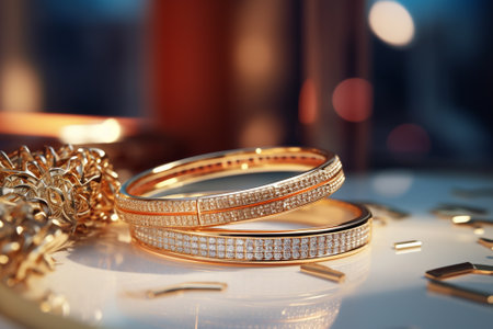 wedding rings with gold jewelry on the table, close upの素材