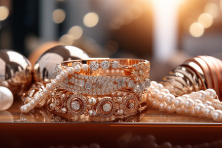 Wedding rings with pearls and beads on the table.の素材