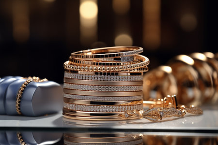 Beautiful gold bracelets on glass table in jewelry store, closeupの素材