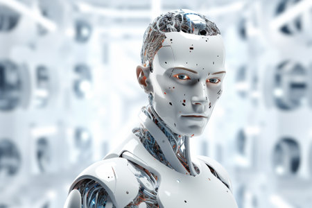 3D rendering of a female robot in front of a white backgroundの素材