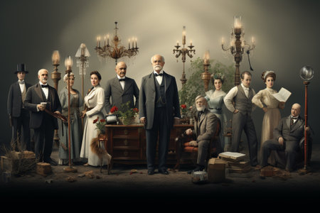 Vintage style portrait of an old man and a group of peopleの素材