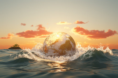 3D render of a globe in the sea with a sunset backgroundの素材