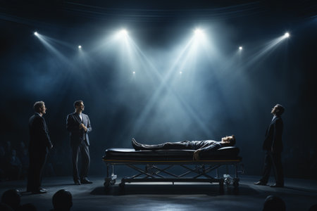 Conceptual image of a man lying on a stretcher in the spotlightの素材