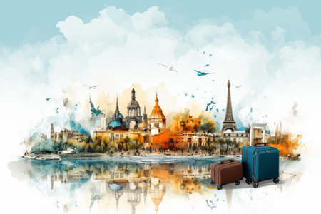 Traveling around the world with your luggage. Illustration on watercolor background.の素材