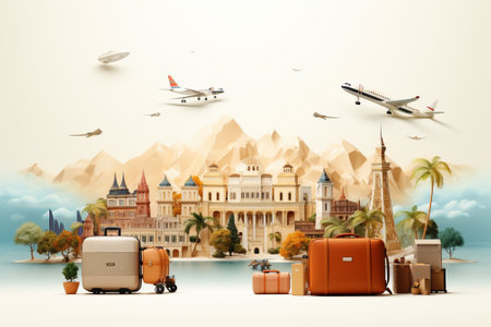 Travel and tourism concept with world famous landmarks and airplanes flying around illustrationの素材