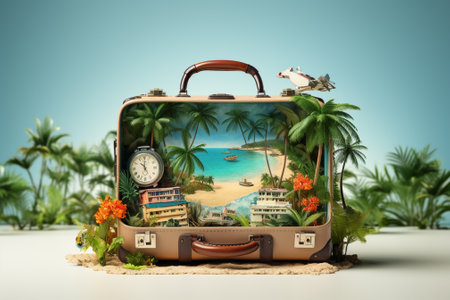 Suitcase with tropical beach on the sand. Travel concept.の素材