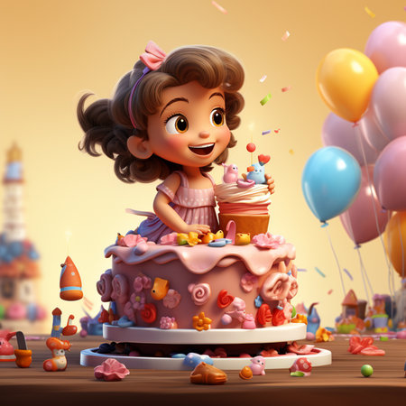 3D illustration of a cute little girl celebrating her birthday with a cake and balloonsの素材