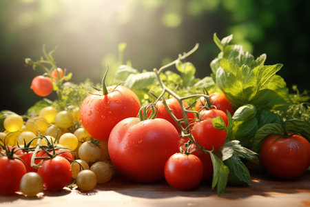 Fresh tomatoes and basil on wooden table in garden. Healthy food conceptの素材