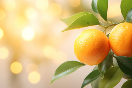 Fresh ripe tangerines with green leaves on bokeh backgroundの素材