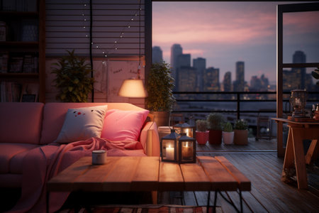 Luxury living room interior with pink sofa, coffee table, bookshelf and city viewの素材