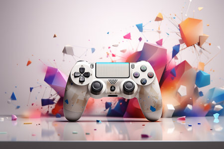 Modern video game controller on colorful abstract background. 3D Renderingの素材