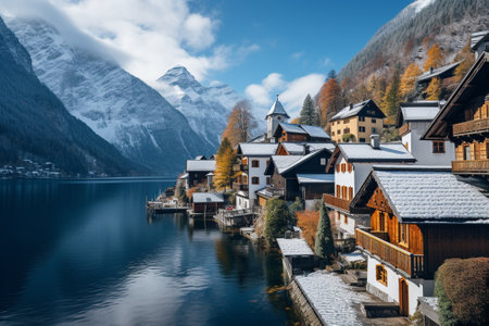 Hallstatt village in winter, Salzkammergut, Austriaの素材