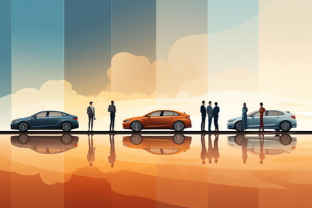 Vector illustration of a group of business people with cars in the cityの素材
