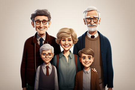 Portrait of happy family standing together and looking at camera. Three generations of men and women posing together.の素材