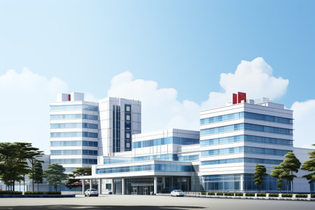 Modern office building with blue sky and white clouds. 3d renderingの素材