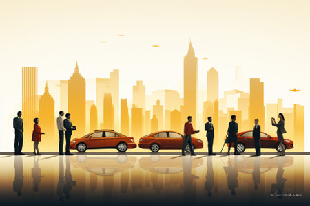 Business people silhouettes with car in the city. Vector illustration.の素材