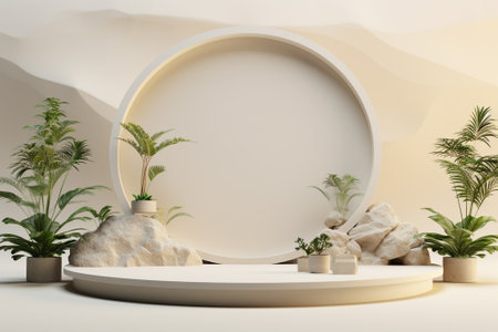 3d render of minimal product display podium with palm tree. Minimalist design.の素材