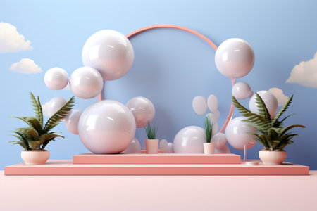 3d render of minimal display podium for product presentation. Minimal scene with geometrical forms, plants and flowers.の素材