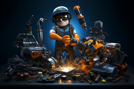 3D rendering of a robot working with welding equipment on dark backgroundの素材