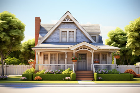 3D rendering of modern cozy classic house in colonial style with garage.の素材