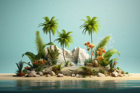 Tropical island with palm trees and flowers. 3d renderの素材