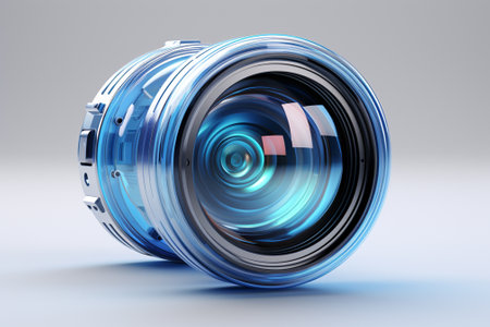 Camera lens on gray background. 3d rendering. Computer digital drawing.の素材