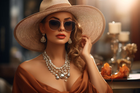 fashion interior photo of beautiful sensual woman with blond hair in elegant clothes and accessoriesの素材