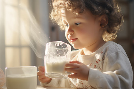 Cute little girl drinking milk from a glass on a sunny dayの素材