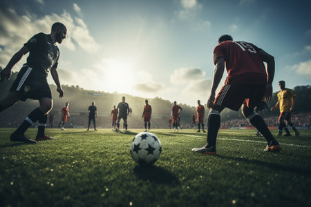 Soccer player in action on the field of stadium at sunset.の素材