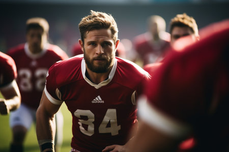 Portrait of rugby player in red jersey looking at camera during gameの素材