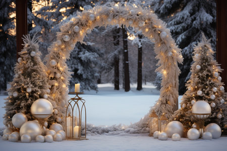 Decorated Christmas arch in the winter forest. Christmas background.の素材