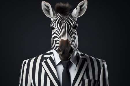 Portrait of a zebra in a suit on a black backgroundの素材