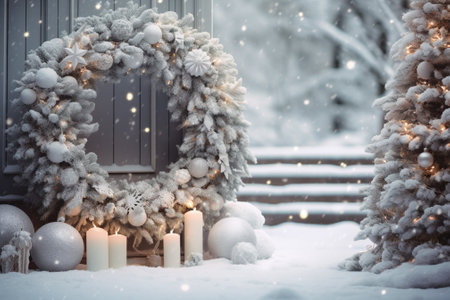 Beautiful Christmas wreath with candles and balls in the snow.の素材