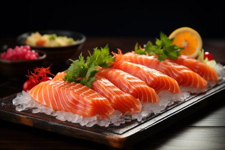 fresh salmon sashimi japanese food style on wooden backgroundの素材