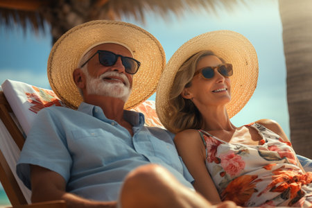 Happy senior couple relaxing on a deckchair at the beach in summerの素材