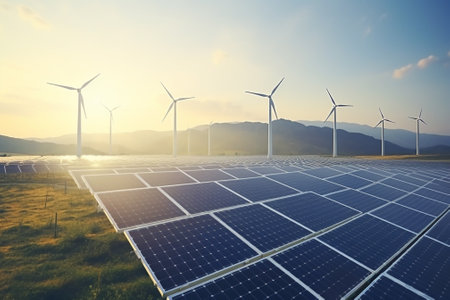 Solar panels and wind turbines generating electricity at sunset, Alternative energy conceptの素材