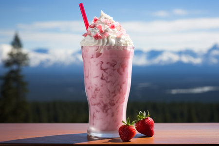 Strawberry milkshake in a glass on a background of the mountainsの素材