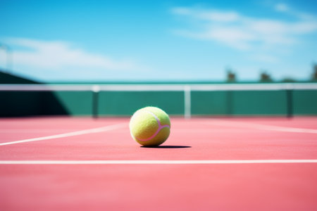 Tennis ball on a tennis court. Selective focus on the ballの素材