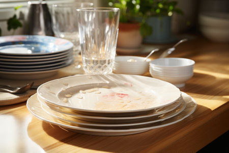 Empty plates and glasses on wooden table, closeup. Table settingの素材