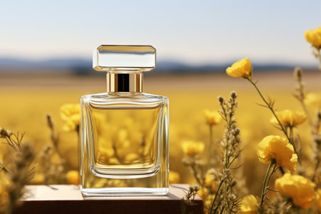 Perfume bottle on a field with yellow flowers in the backgroundの素材