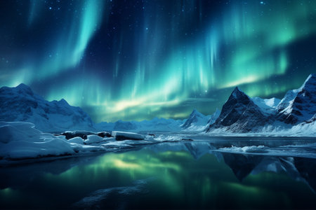 Aurora borealis, northern lights over the snowy mountains and lakeの素材