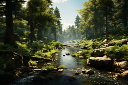 Beautiful landscape with a mountain river in the middle of a forestの素材