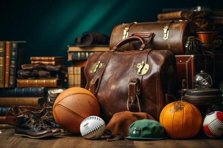 Vintage still life with old suitcase, baseball, basketball, rugby ball, hat and other items.の素材