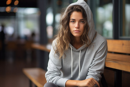 Portrait of a young woman sitting in a cafe with a hoodの素材