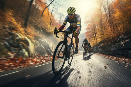 Cyclist riding on the road in autumn forest. Concept of sport and healthy lifestyle.の素材