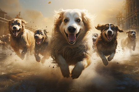 Golden Retriever running in water with a group of dogs.の素材